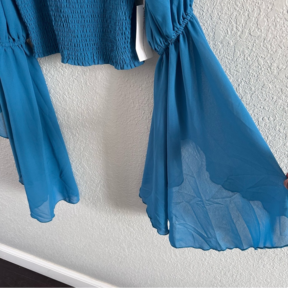 Teal Smocked Crop Top NWT Sheer Bell Sleeve Boho Cottagecore Festival Top M - Picture 5 of 16